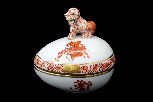 ヘレンド 陶器ポット タマゴ型小物入れ狛犬