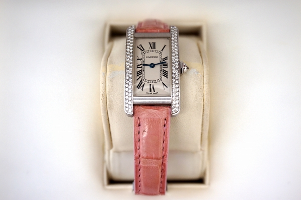 カルティエ タンクアメリカンK18WGクロコダイヤ腕時計
